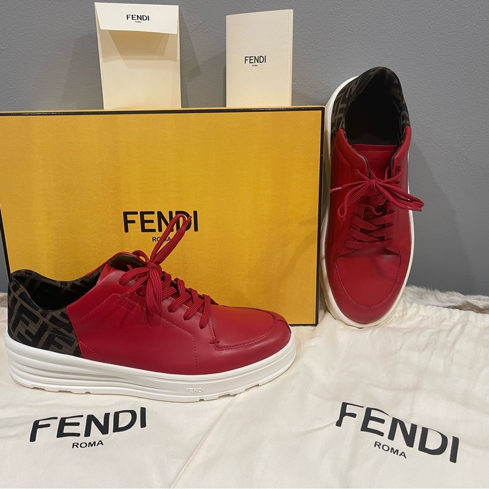 Unisex, Candy Apple, Fendi heel logo, white bottoms Fendi trainers.